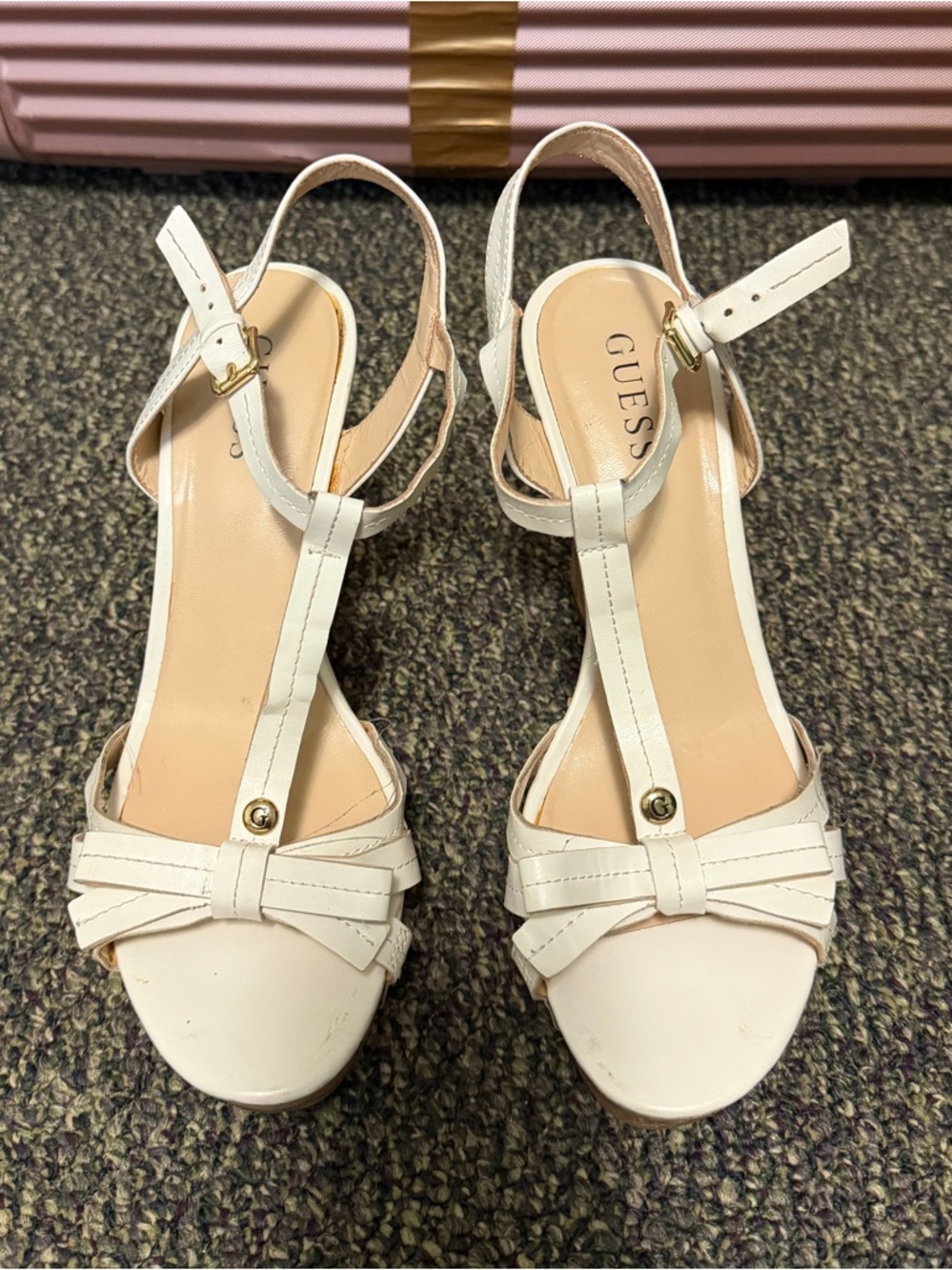 Guess white t-strap wedge sandals with bow